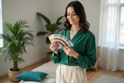 Jeune femme élégante tenant un échantillon de couleurs dans un intérieur