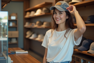 Jeune femme essayant différentes casquettes en boutique