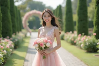 Jeune femme en robe florale pastel dans un jardin en fleurs
