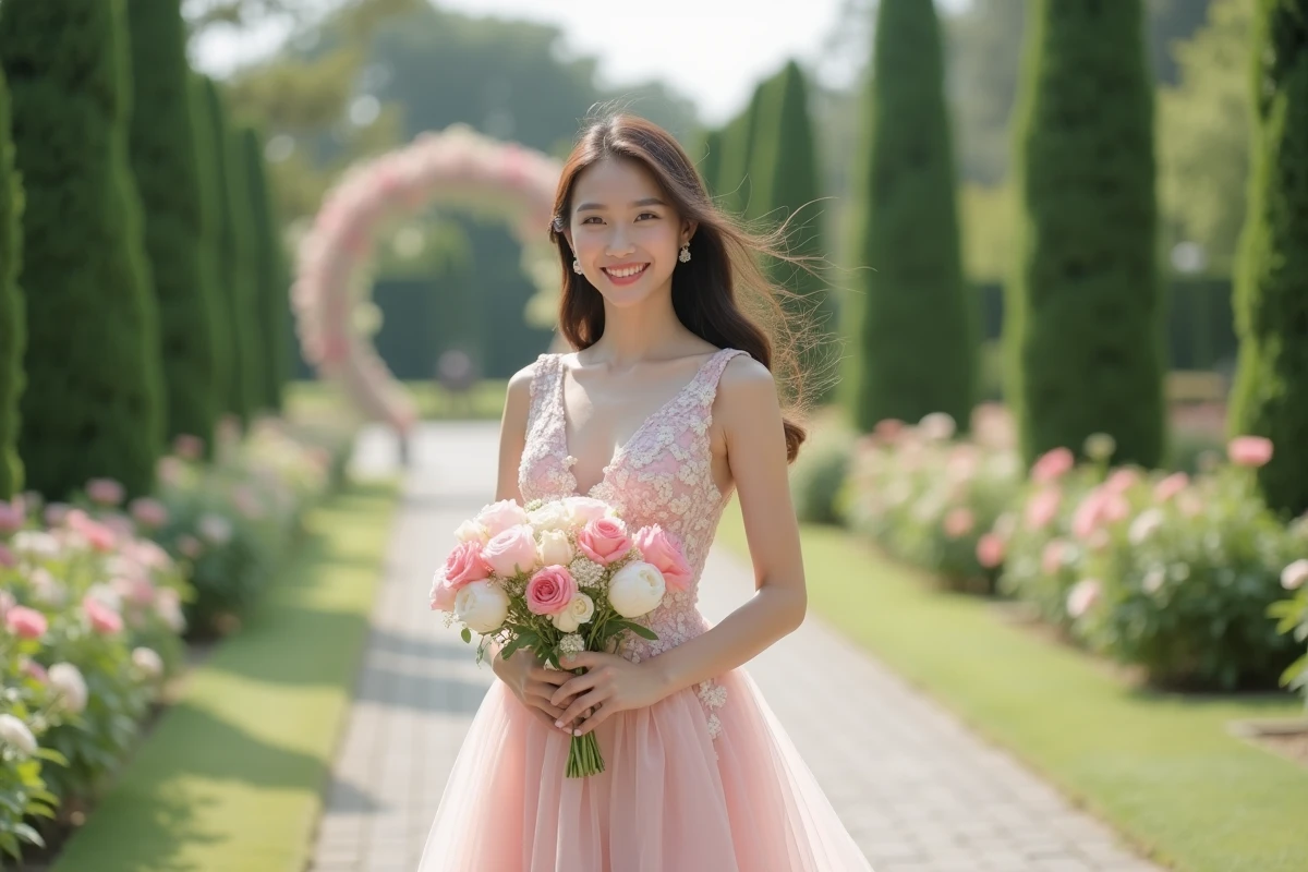 Jeune femme en robe florale pastel dans un jardin en fleurs