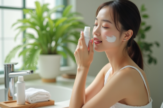 Jeune femme asiatique appliquant un nettoyant visage dans une salle lumineuse