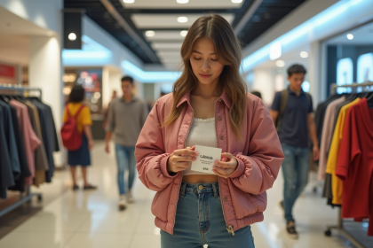 Jeune femme examine une étiquette dans un centre commercial animé