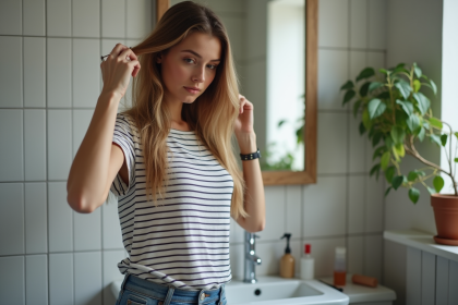 Jeune femme se coupe les cheveux devant miroir dans salle de bain