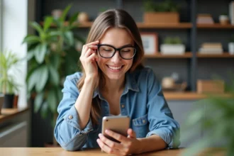 Jeune femme souriante essayant des lunettes via une appli mobile