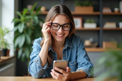 Jeune femme souriante essayant des lunettes via une appli mobile