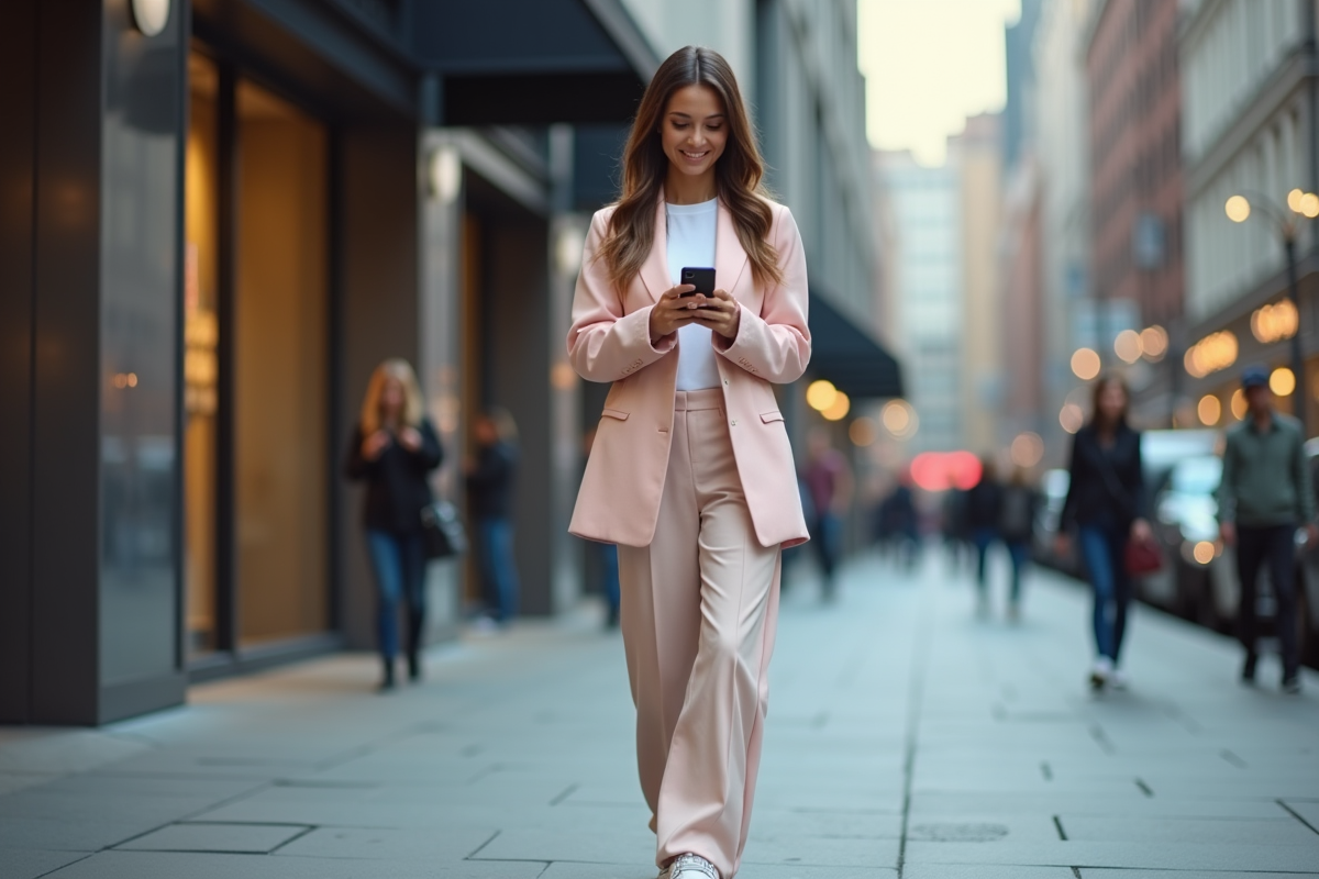 Jeune femme en blazer pastel marche dans la ville