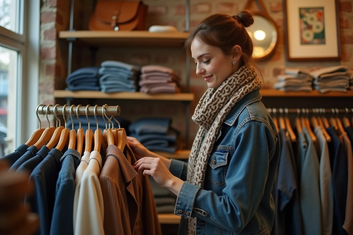 Jeune femme vintage dans une boutique thrift à Strasbourg