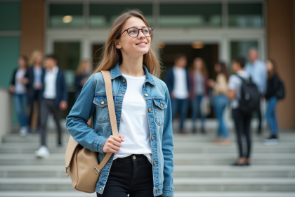 Jeune fille de lycée en denim avec sac beige à l'entrée de l'école