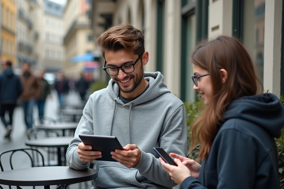 Jeune homme au café en extérieur utilisant une tablette