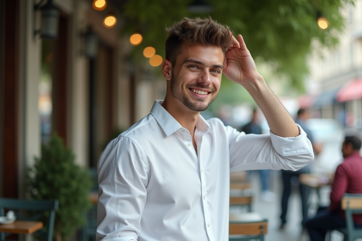 Jeune homme avec coupe texturée dans un café en plein air