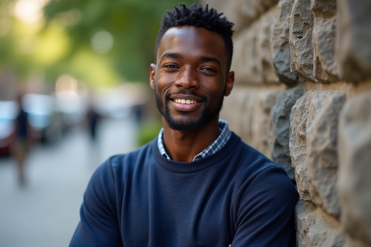 Jeune homme noir dans la rue avec mur en pierre et sourire naturel