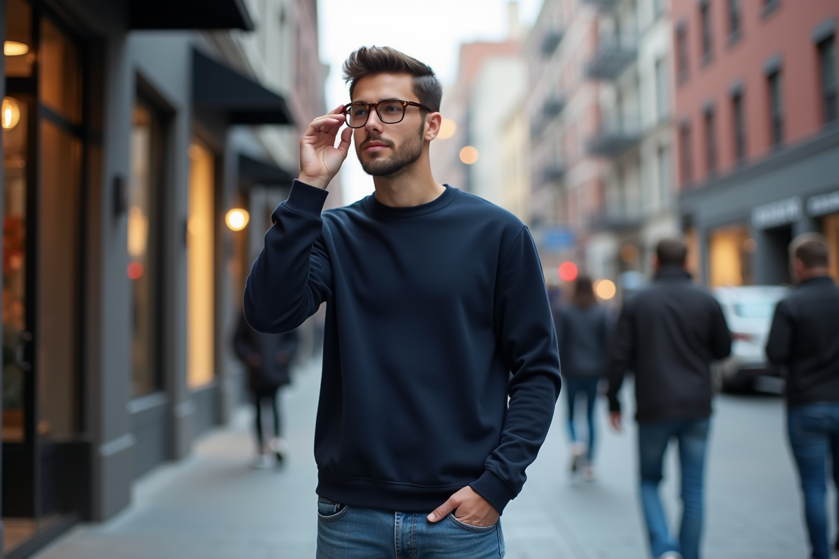 Jeune homme essayant des lunettes tortoise en ville