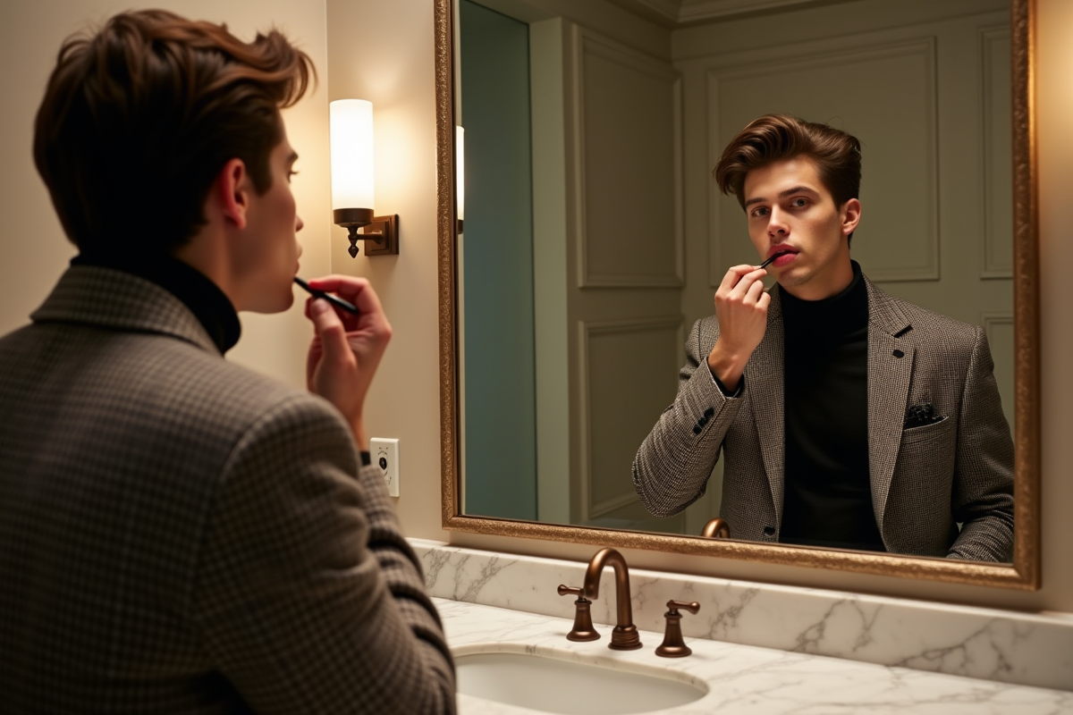 Jeune homme en maquillage devant miroir moderne