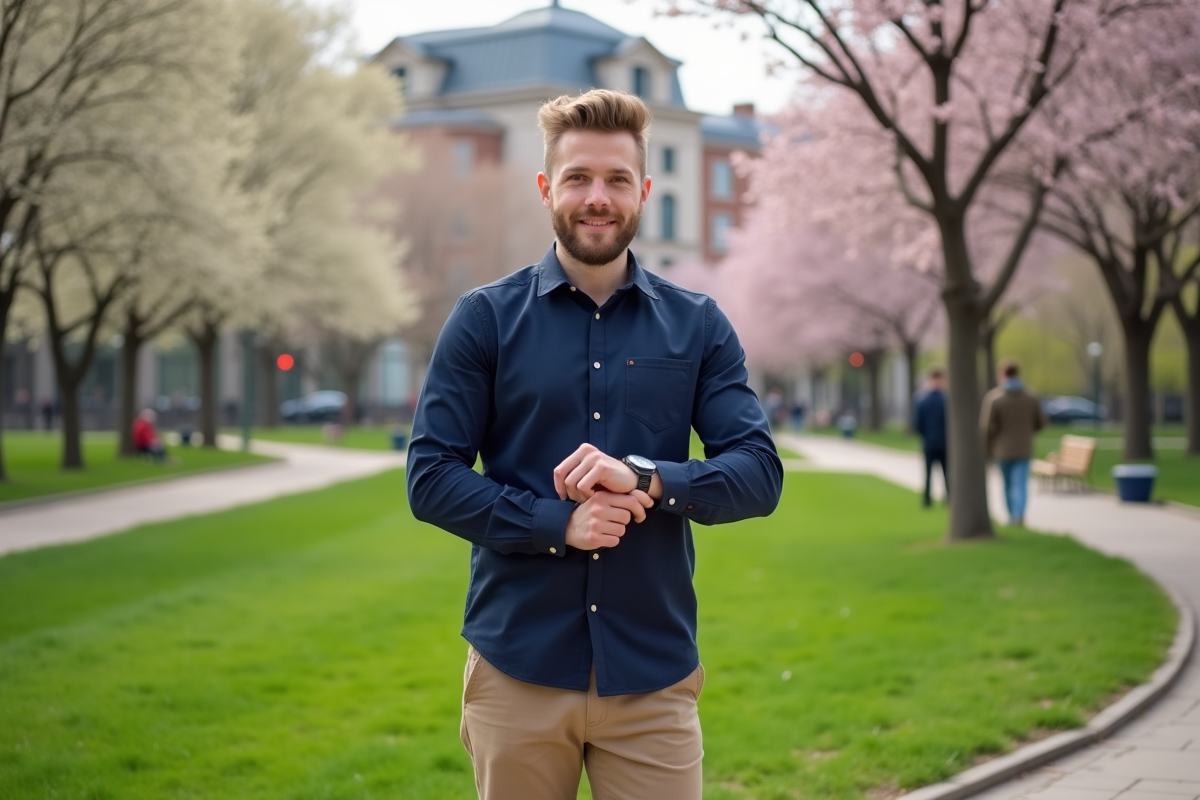 Jeune homme dans un parc printanier en ville