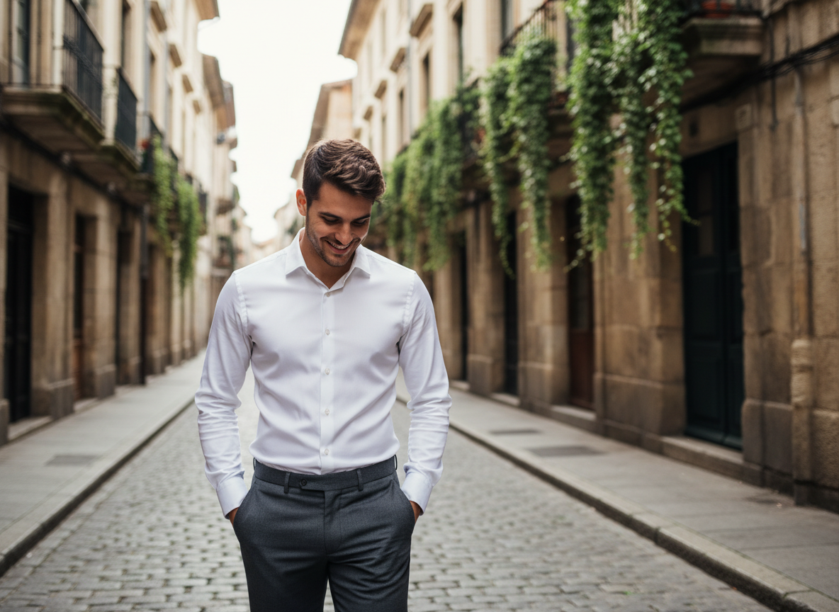 Jeune homme en chemise blanche dans une rue historique