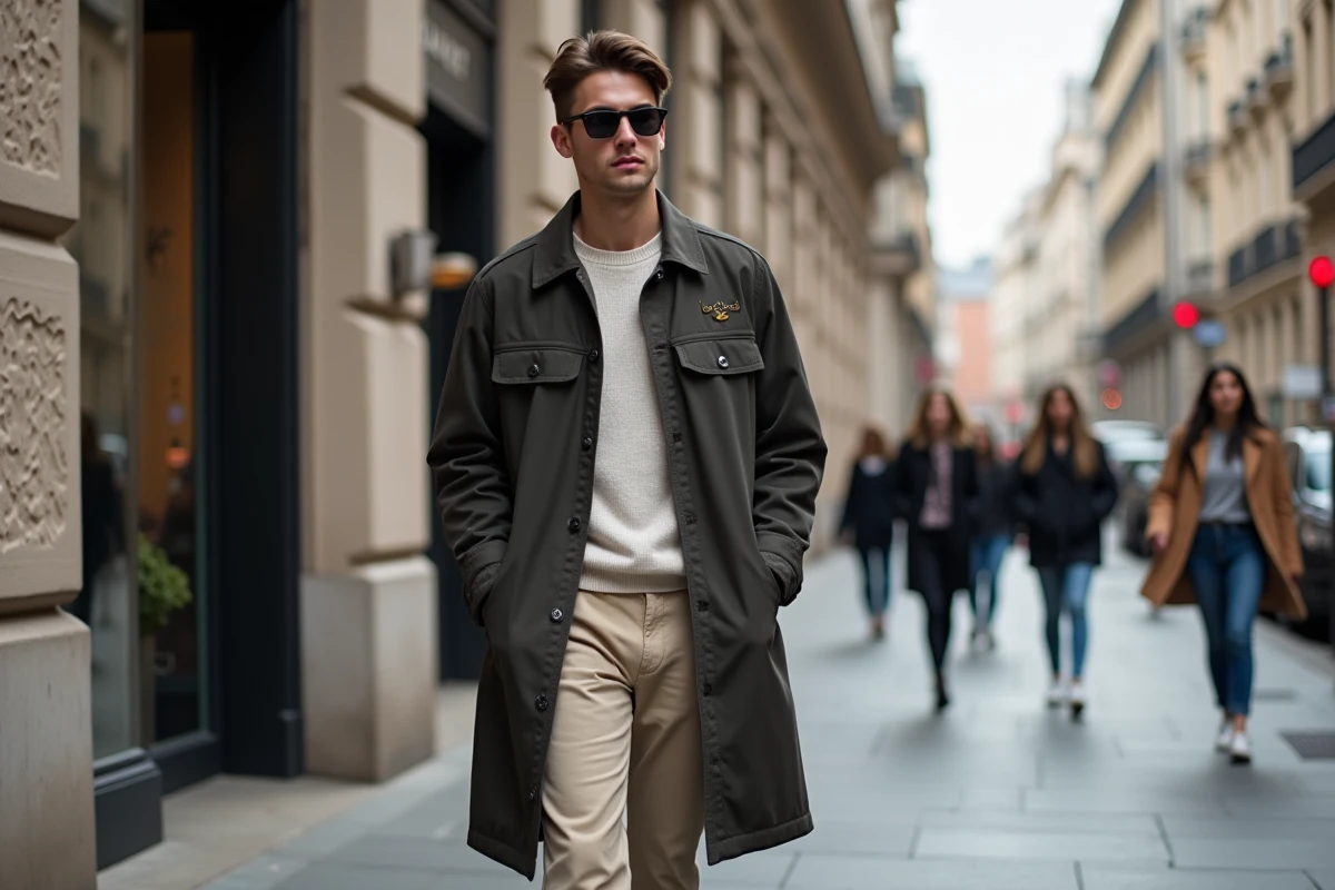 Jeune homme en manteau tendance dans une rue animée