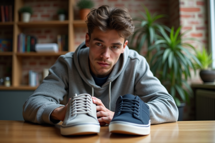 Jeune homme examine deux paires de sneakers dans un appartement urbain