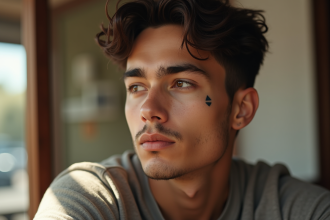 Jeune homme avec tatouage en forme de larme sous l'œil dans un café lumineux
