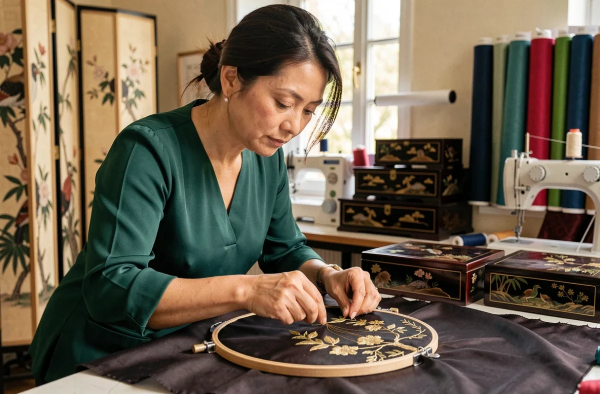 Couturière de Kiem Couture à Nantes brodant au fil d'or sur tissu soie dans son atelier de confection