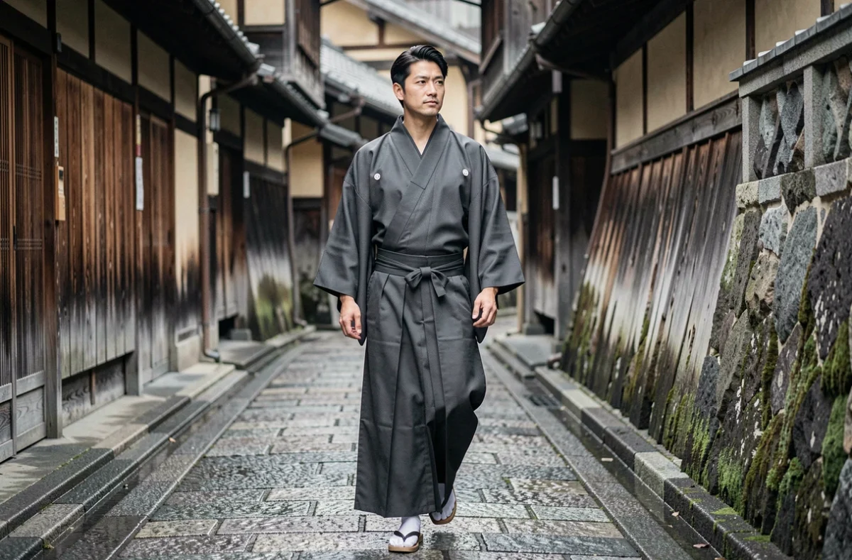 Homme en kimono et hakama monochrome gris marchant dans une ruelle historique pavée de Kyoto au Japon