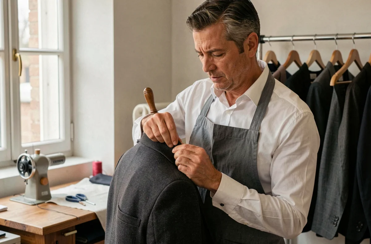 Tailleur du Couturier à Nantes cousant à la main le revers d'un costume homme sur mesure