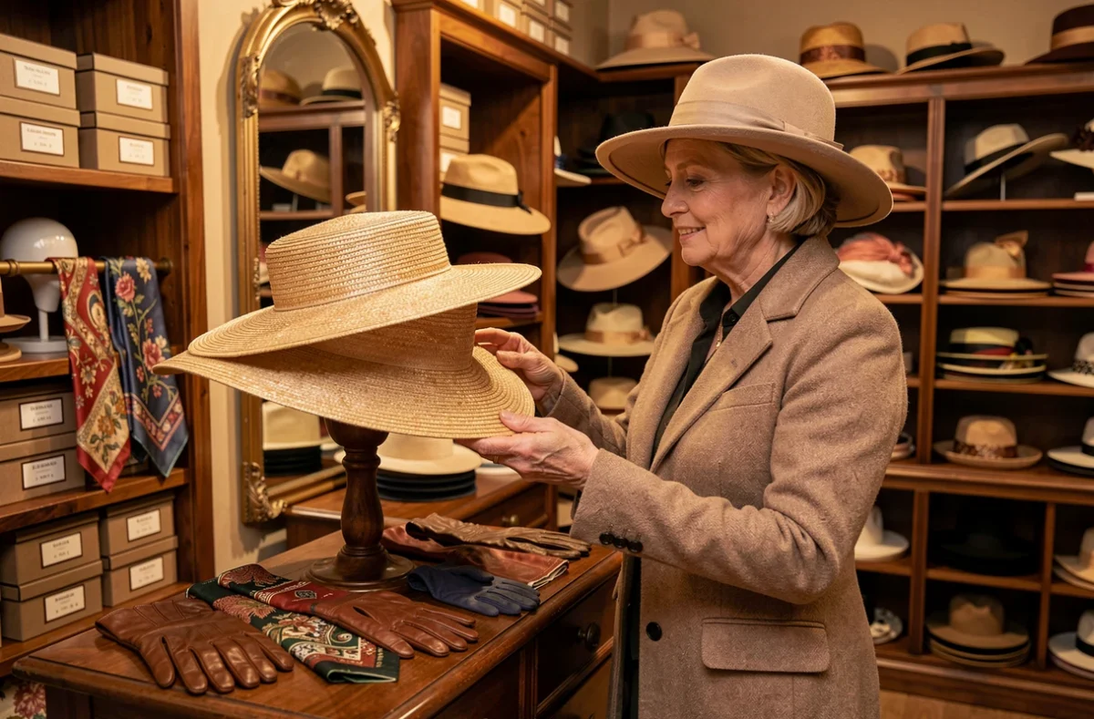 Boutique Le Perruquier à Dijon avec une cliente essayant un chapeau artisanal parmi une collection de couvre-chefs et accessoires