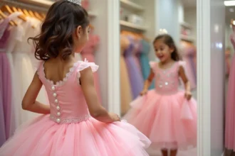 Petite fille essayant une robe de princesse rose dans une boutique de location de robes pour enfants