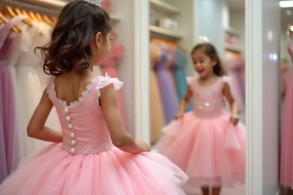 Petite fille essayant une robe de princesse rose dans une boutique de location de robes pour enfants