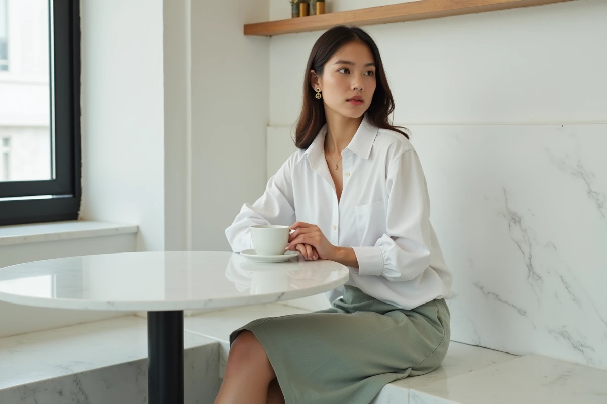 Femme en look minimaliste 2026 chemise blanche et jupe sauge assise dans un café épuré aux murs blancs
