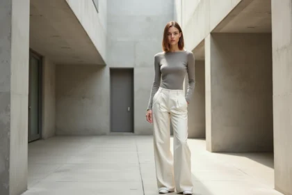 Femme en tenue minimaliste 2026 avec pantalon large et top en maille grise dans une cour urbaine en béton épuré