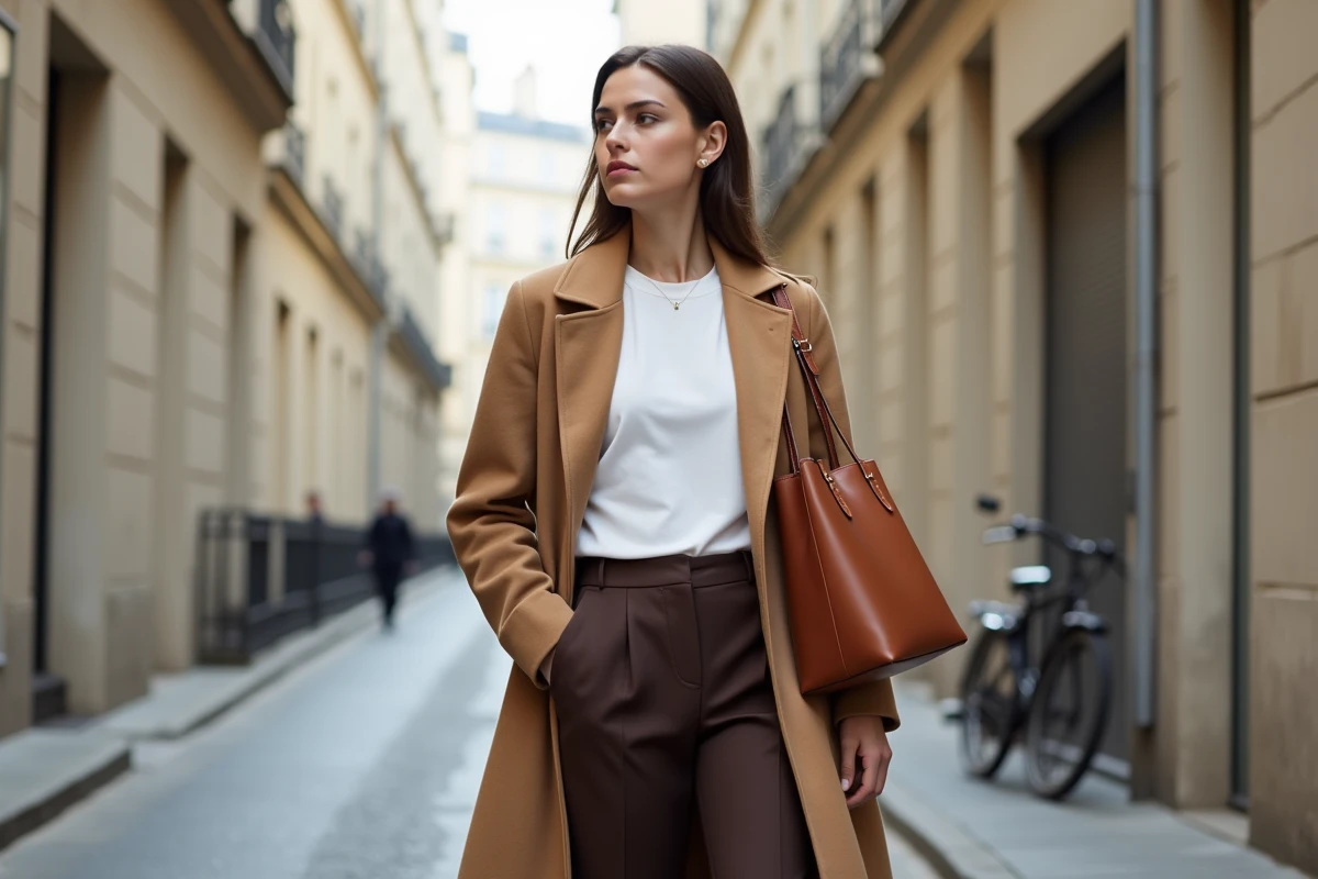Look minimaliste femme 2026 avec manteau camel et pantalon chocolat dans une rue parisienne en pierre blanche