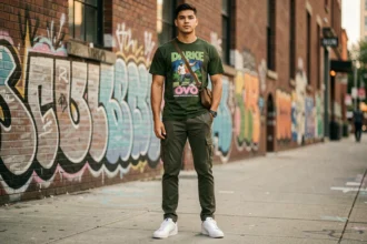 Jeune homme en t-shirt Drake OVO avec cargo pants olive et sneakers blanches dans un contexte urbain streetwear