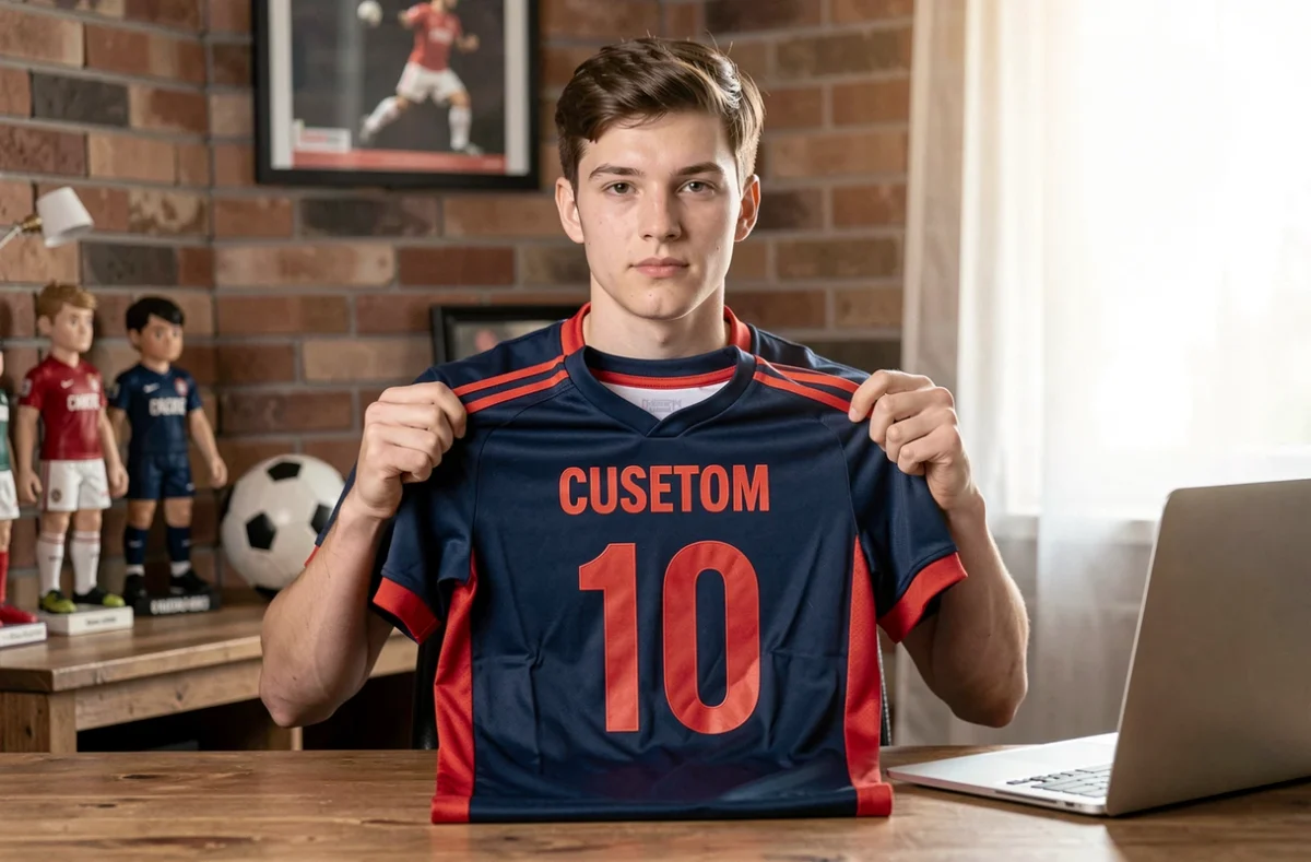 Jeune fan de Blue Lock déballant un maillot personnalisé avec nom et numéro imprimés sur le devant, assis à un bureau