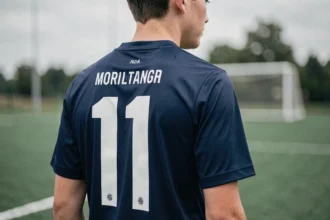 Maillot de football Blue Lock personnalisé avec numéro et nom imprimés dans le dos, porté par un jeune joueur sur terrain synthétique