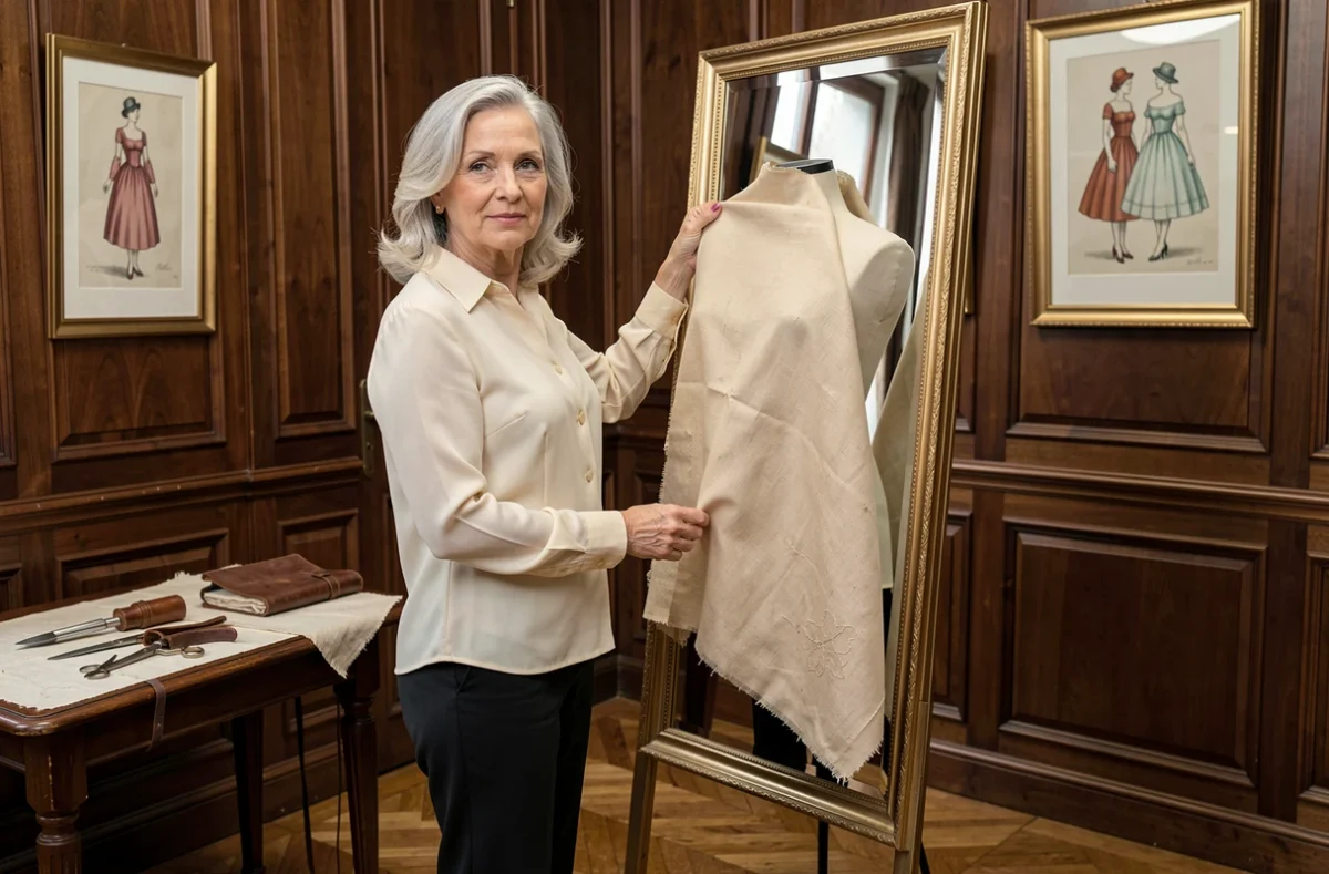 Couturière de la Maison Loridan ajustant une toile sur mesure dans un atelier de haute couture traditionnelle