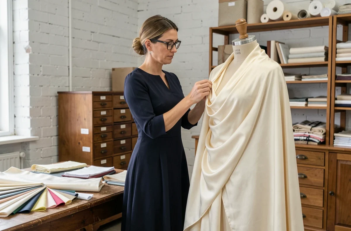 Couturière de la Maison Tesson à Nantes drapant du tissu soie sur un mannequin dans son atelier