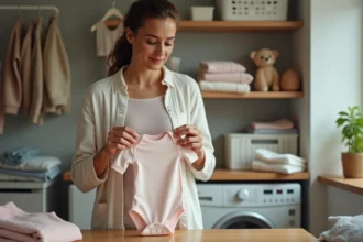 Maman examine le tag d'un body bébé dans la buanderie