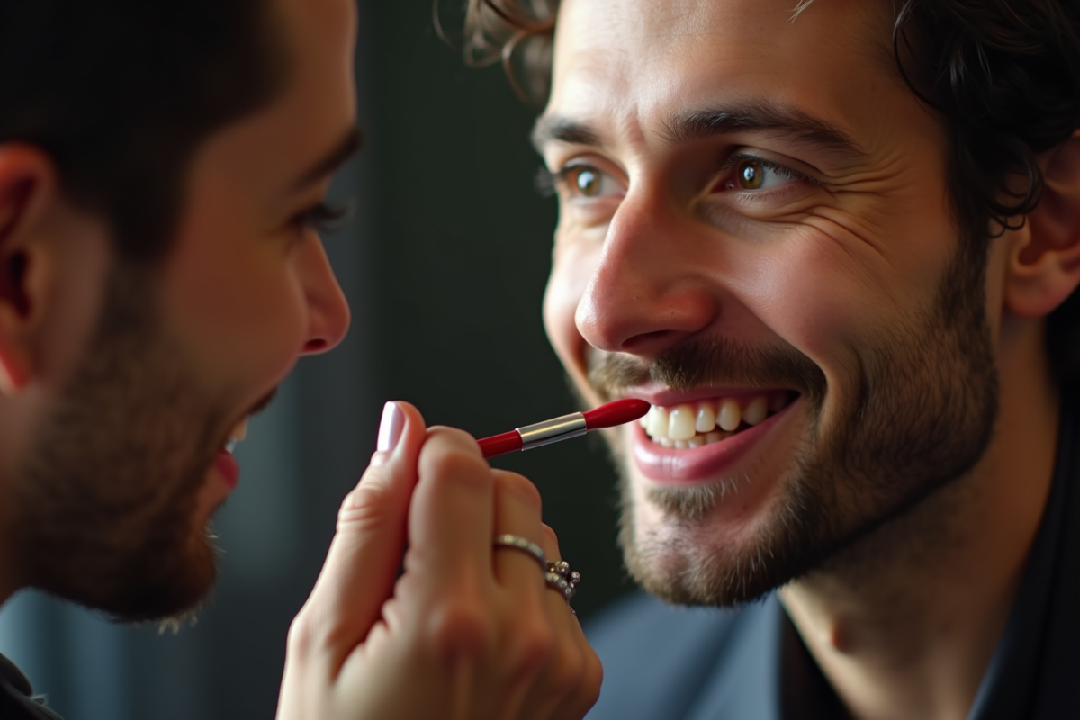 Maquilleur appliquant un rouge à lèvres rouge à un acteur souriant en gros plan