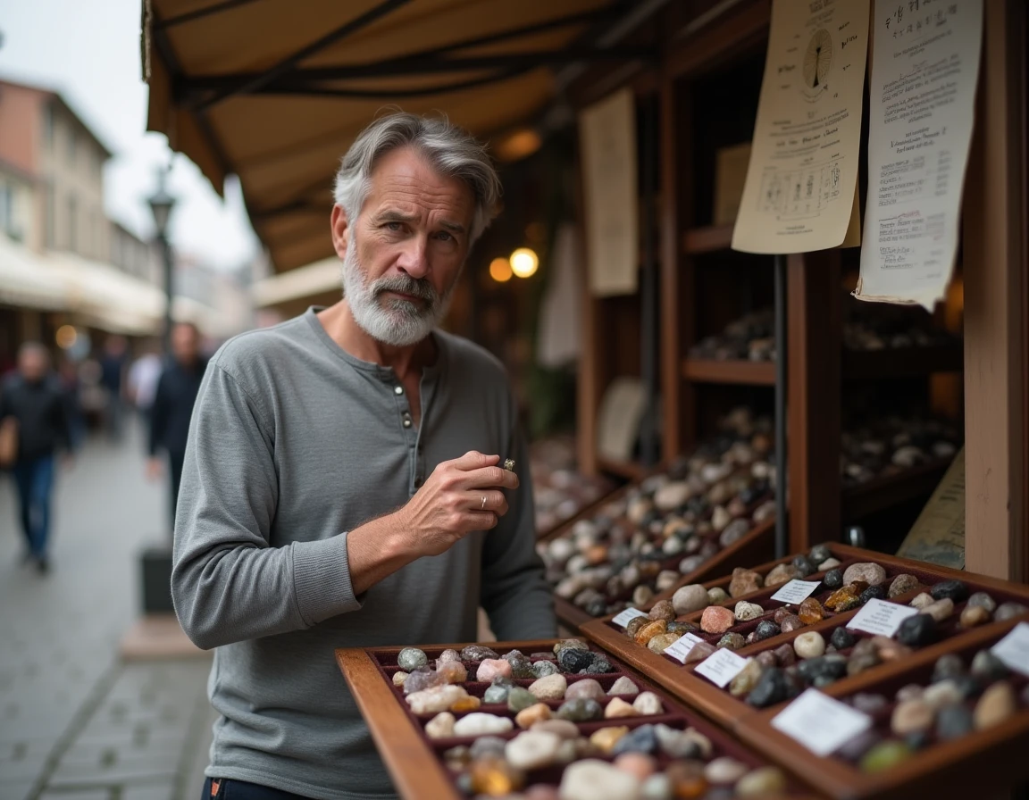 Homme examinant une pierre de citrine sur un marché de minéraux avec un tableau des compatibilités astrologiques visible en arrière-plan