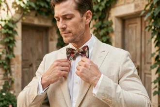 Marié élégant ajustant un nœud papillon floral original en soie bordeaux et vert sauge pour un mariage champêtre unique