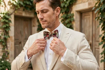 Marié élégant ajustant un nœud papillon floral original en soie bordeaux et vert sauge pour un mariage champêtre unique