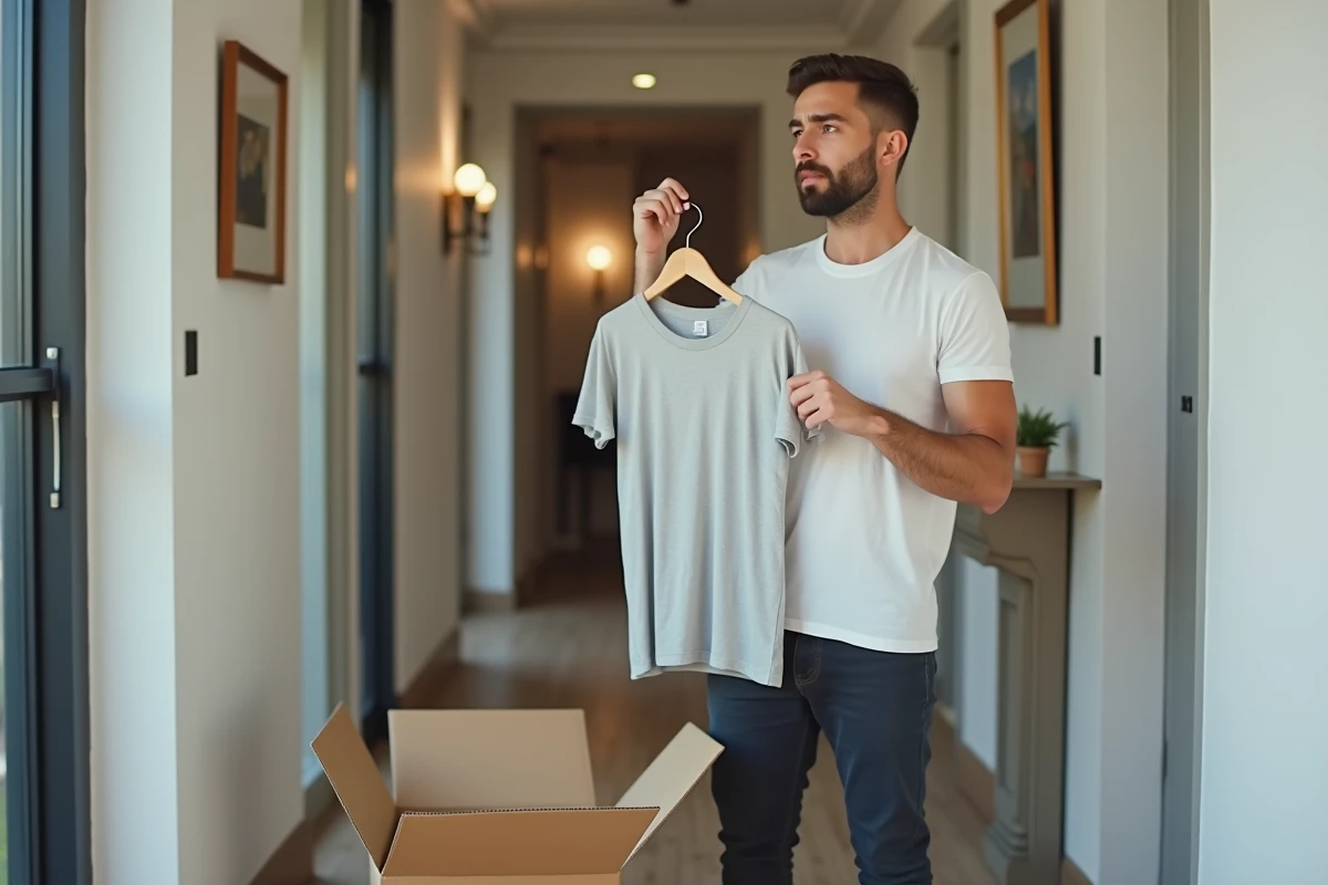 Homme déçu découvrant un vêtement de mauvaise taille reçu lors d'une première commande en ligne