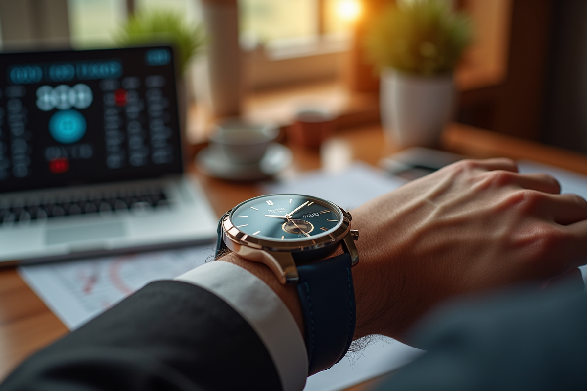 Montre élégante sur poignet avec calendrier des soldes en arrière-plan