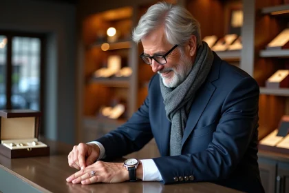 Homme en costume inspectant une montre dans une boutique élégante