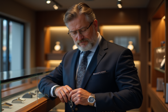 Homme d'âge moyen examinant une montre élégante en boutique