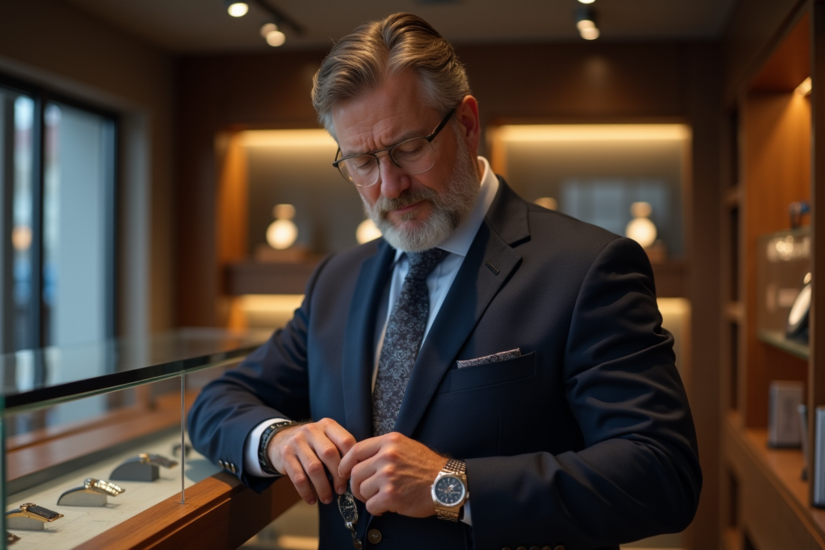Homme d'âge moyen examinant une montre élégante en boutique