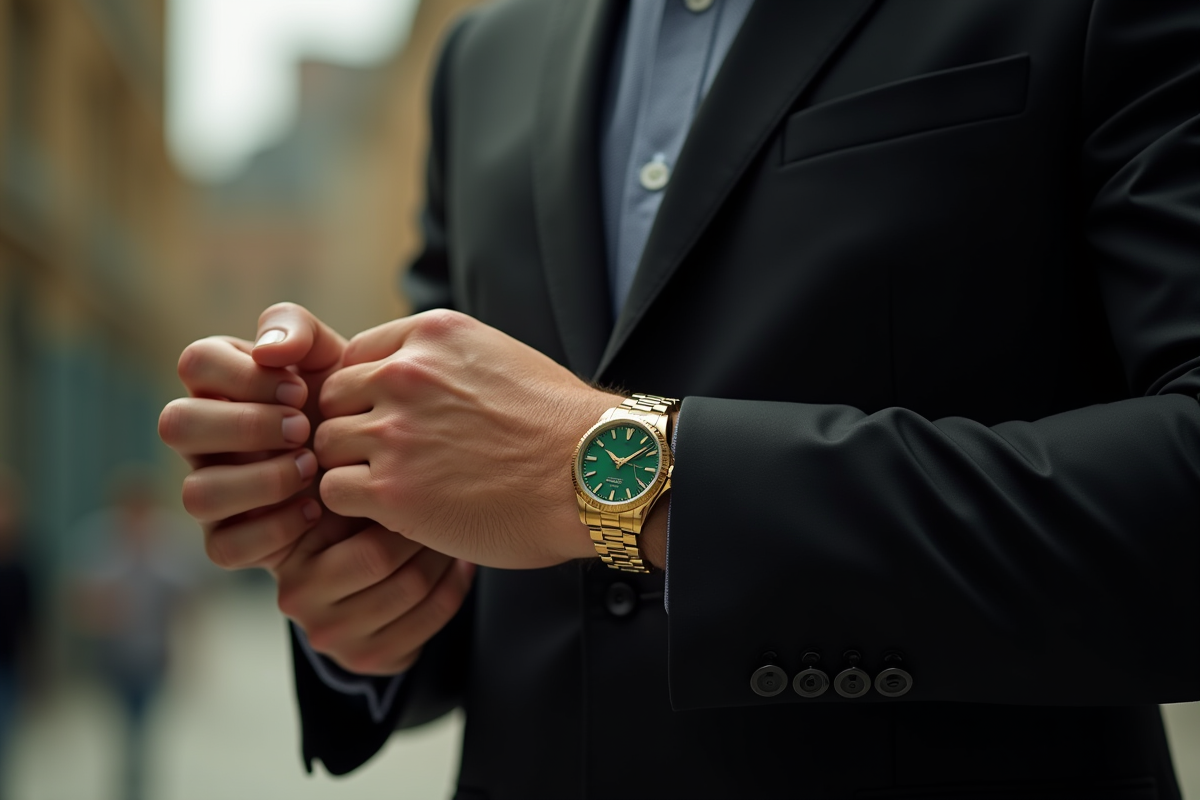 Poignet masculin avec montre or vert et chemise noire