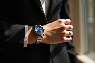 Poignet féminin avec montre argentée élégante et blazer noir