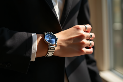 Poignet féminin avec montre argentée élégante et blazer noir