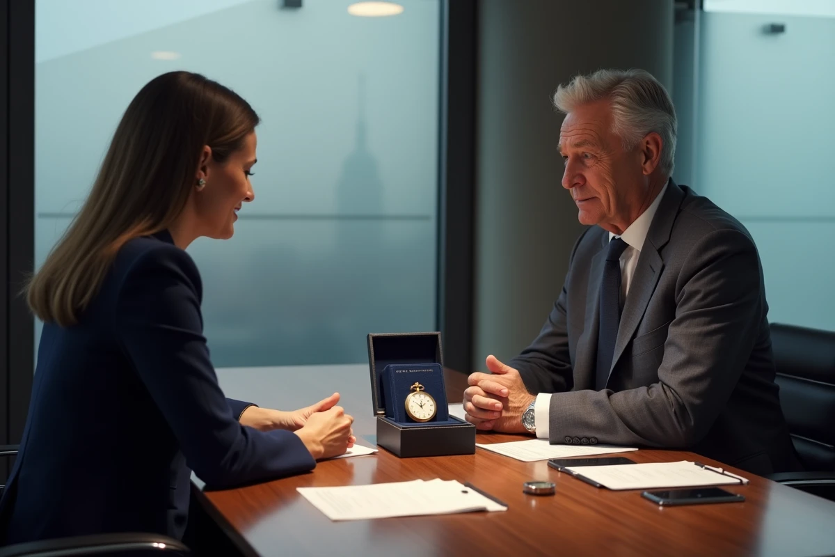 Négociation confidentielle autour d'une montre de collection rare entre deux professionnels dans une salle privée à Genève
